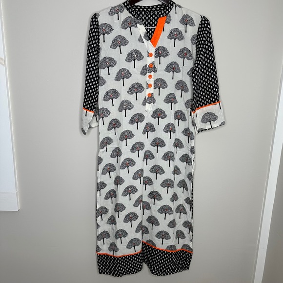 Tops - Brandless Women's Boho Tree Print Tunic Dress Orange Trim V Neck Button Front